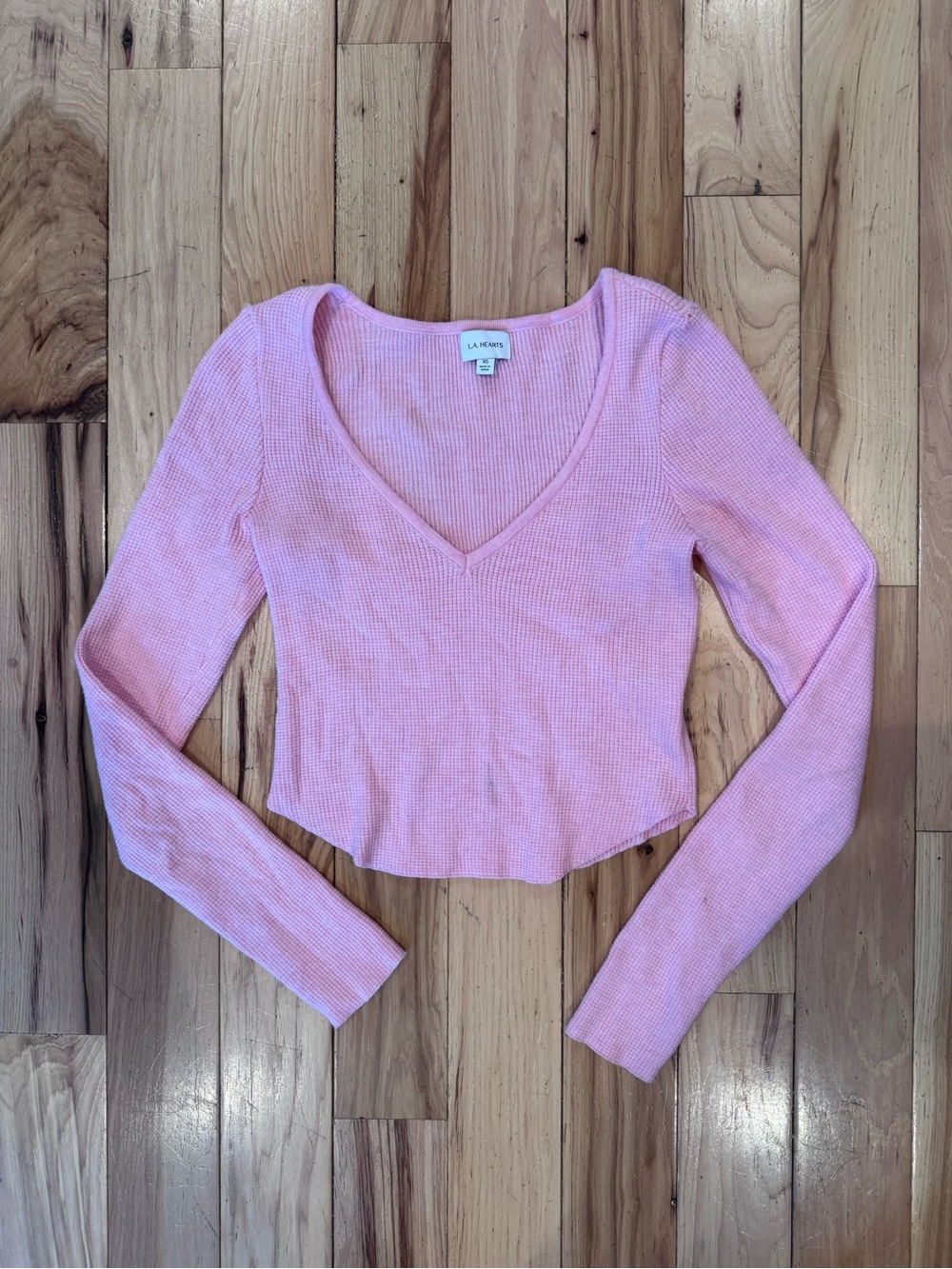 LA Hearts Pink Ribbed V-Neck Long Sleeve Crop Top